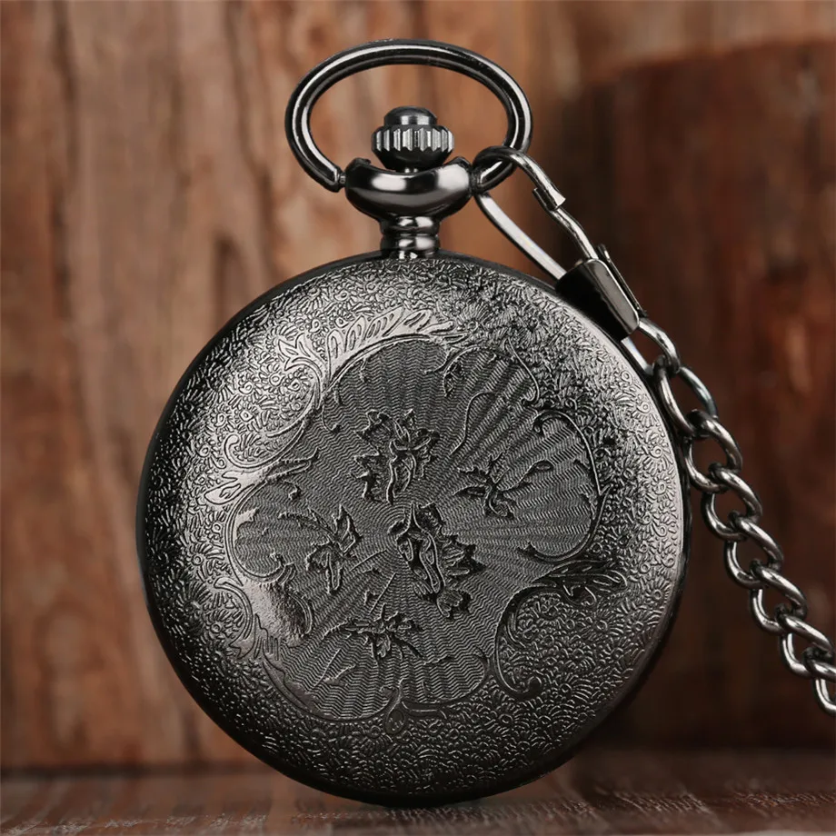 Vintage Charm Black Unisex Fashion Roman Number Quartz Steampunk Pocket Watch Women Man Necklace Pendant with Chain Gifts P427