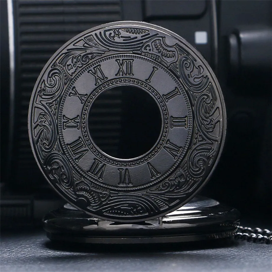 Vintage Charm Black Unisex Fashion Roman Number Quartz Steampunk Pocket Watch Women Man Necklace Pendant with Chain Gifts P427