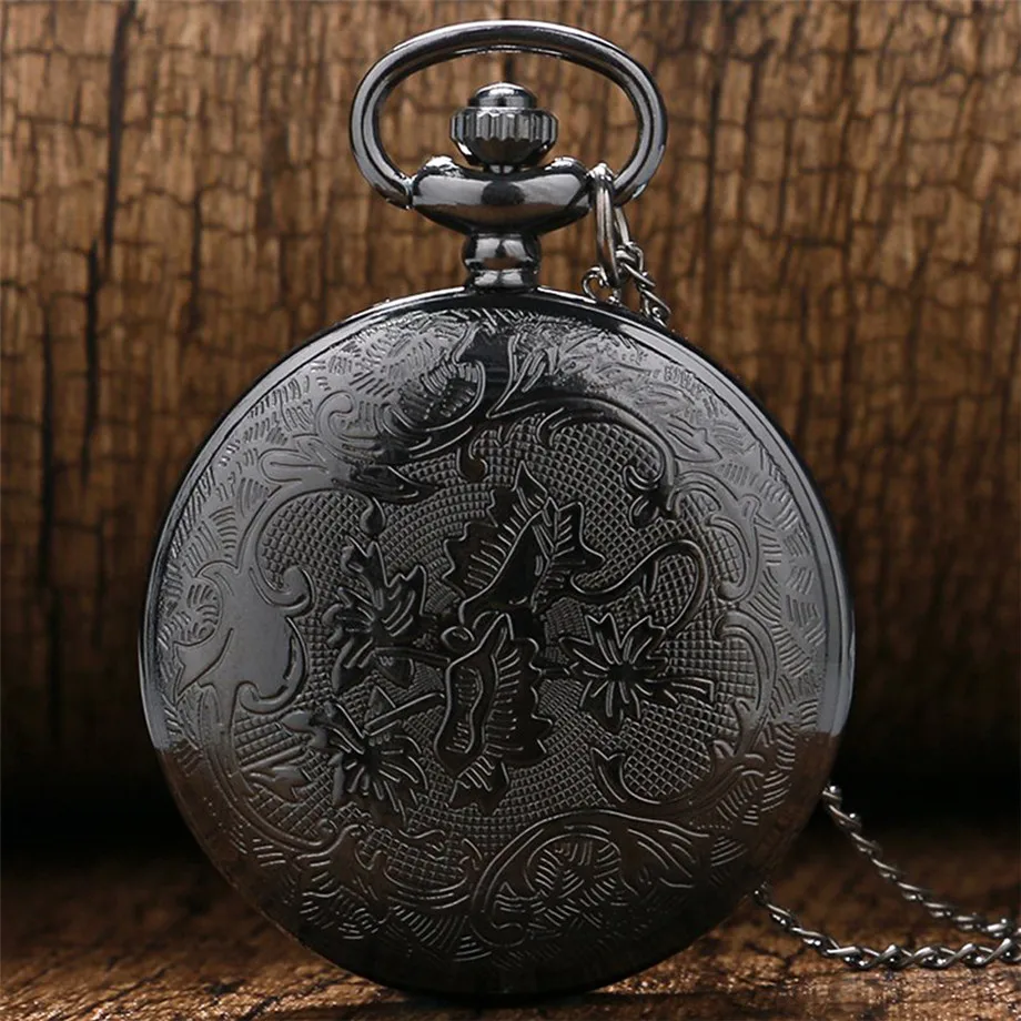 Vintage Charm Black Unisex Fashion Roman Number Quartz Steampunk Pocket Watch Women Man Necklace Pendant with Chain Gifts P427