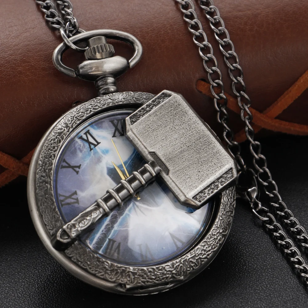 Nordic Mythology Thor Hammer Hollow Quartz Pocket Watch Vintage Steam Punk Pendant Pendant Fashion Gift for Men and Women