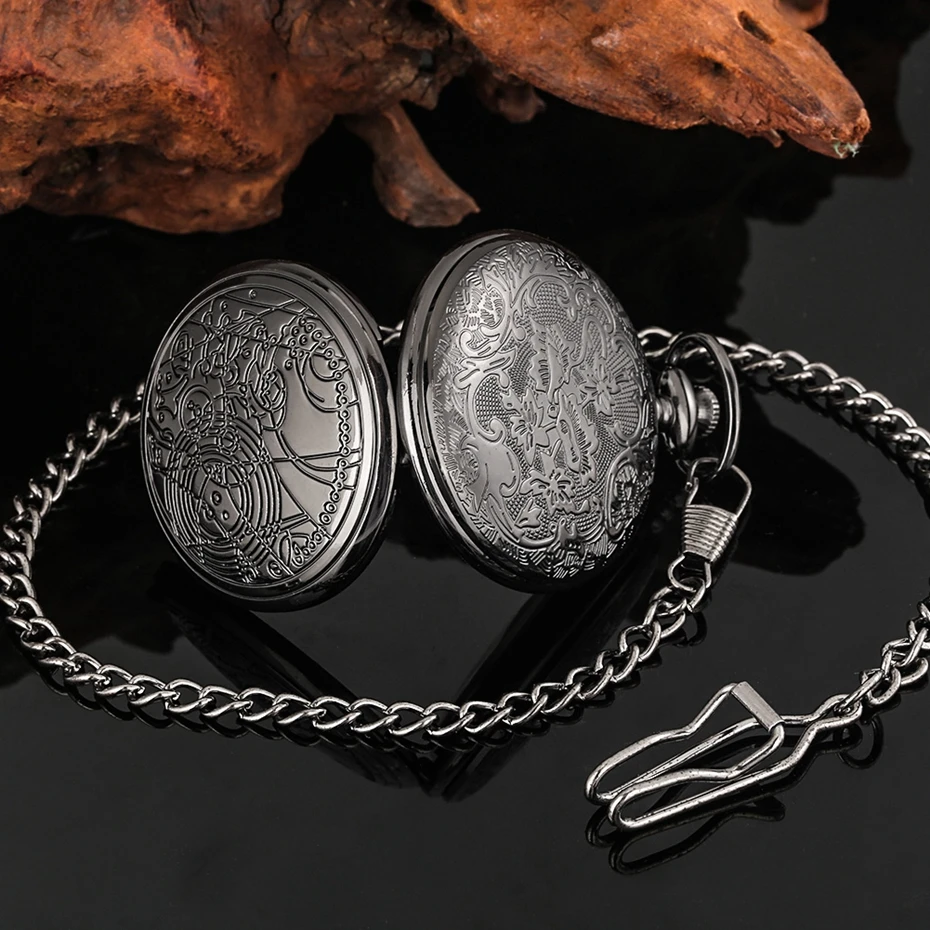 Famous Movie Time Lord Portable Watches Space Exploration Hero Design Quartz Pocket Watch Black Vintage Cosplay Gifts with Chain