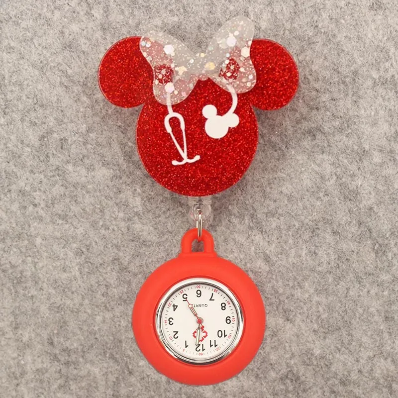 Glitter Acrylic Cartoon Mouse Head Stethoscope Lovely Nurse Doctor Alligator Clip Pocket Watches Medical Hang Clock Gift