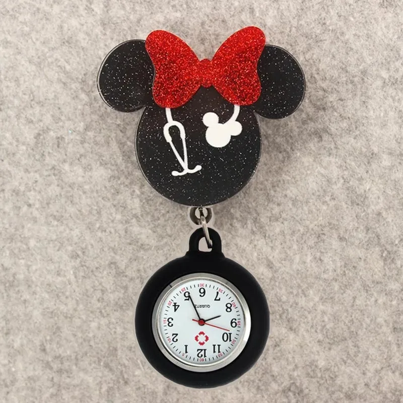 Glitter Acrylic Cartoon Mouse Head Stethoscope Lovely Nurse Doctor Alligator Clip Pocket Watches Medical Hang Clock Gift