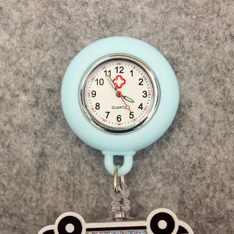 Glitter Acrylic Cartoon Mouse Head Stethoscope Lovely Nurse Doctor Alligator Clip Pocket Watches Medical Hang Clock Gift
