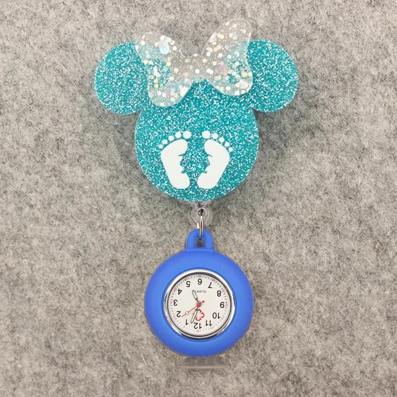 Glitter Acrylic Cartoon Mouse Head Stethoscope Lovely Nurse Doctor Alligator Clip Pocket Watches Medical Hang Clock Gift
