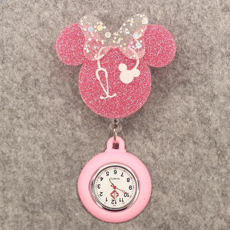 Glitter Acrylic Cartoon Mouse Head Stethoscope Lovely Nurse Doctor Alligator Clip Pocket Watches Medical Hang Clock Gift