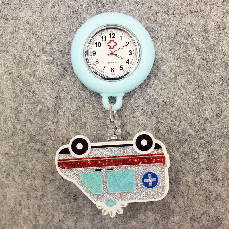 Glitter Acrylic Cartoon Mouse Head Stethoscope Lovely Nurse Doctor Alligator Clip Pocket Watches Medical Hang Clock Gift