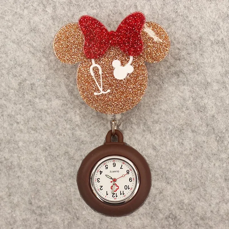 Glitter Acrylic Cartoon Mouse Head Stethoscope Lovely Nurse Doctor Alligator Clip Pocket Watches Medical Hang Clock Gift