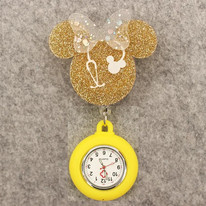 Glitter Acrylic Cartoon Mouse Head Stethoscope Lovely Nurse Doctor Alligator Clip Pocket Watches Medical Hang Clock Gift