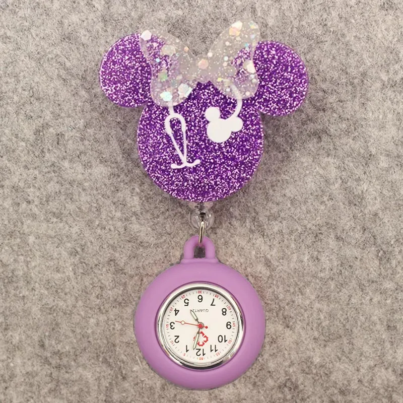 Glitter Acrylic Cartoon Mouse Head Stethoscope Lovely Nurse Doctor Alligator Clip Pocket Watches Medical Hang Clock Gift