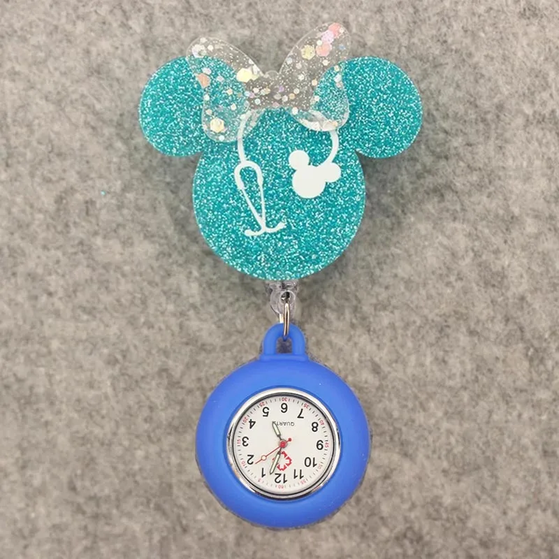 Glitter Acrylic Cartoon Mouse Head Stethoscope Lovely Nurse Doctor Alligator Clip Pocket Watches Medical Hang Clock Gift