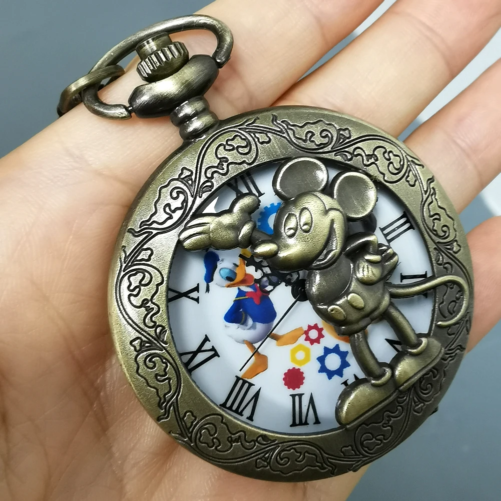 Bronze Hollow Anime Clock Comic Cartoon Quartz Pocket Watch Pendant FOB Antique Clock with 80cm Necklace/30cm Waist Hook Chain