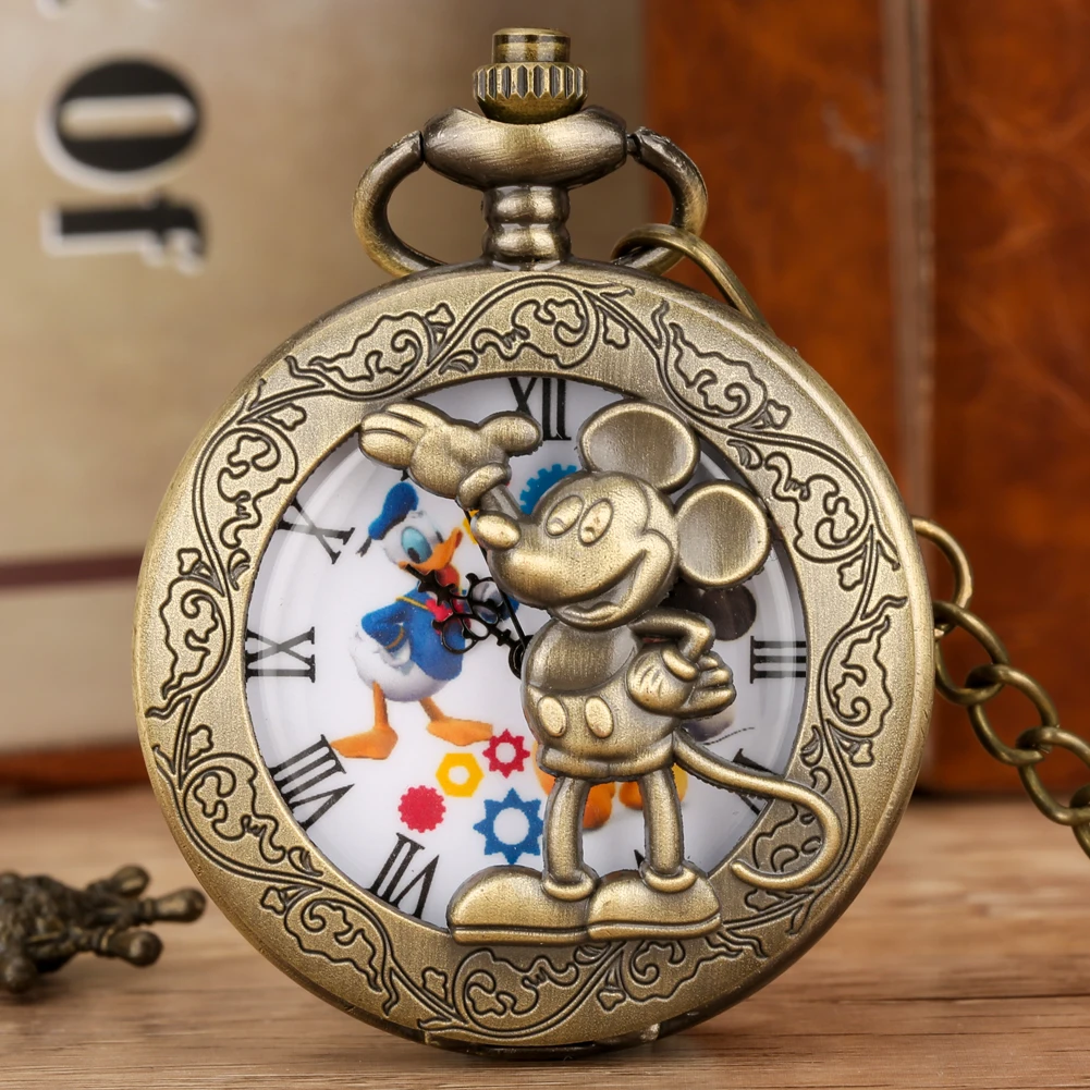 Bronze Hollow Anime Clock Comic Cartoon Quartz Pocket Watch Pendant FOB Antique Clock with 80cm Necklace/30cm Waist Hook Chain