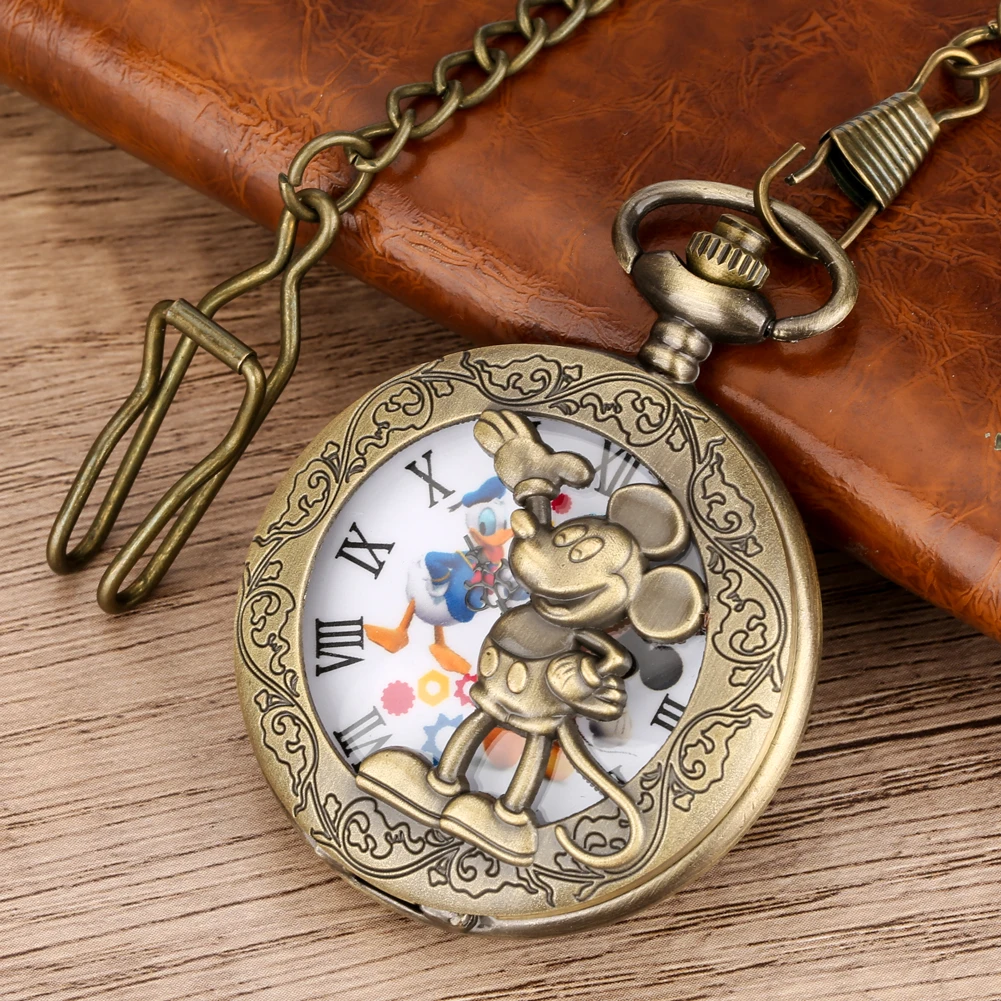 Bronze Hollow Anime Clock Comic Cartoon Quartz Pocket Watch Pendant FOB Antique Clock with 80cm Necklace/30cm Waist Hook Chain