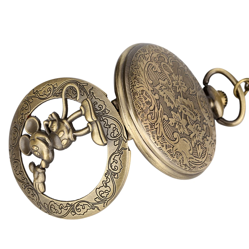 Bronze Hollow Anime Clock Comic Cartoon Quartz Pocket Watch Pendant FOB Antique Clock with 80cm Necklace/30cm Waist Hook Chain
