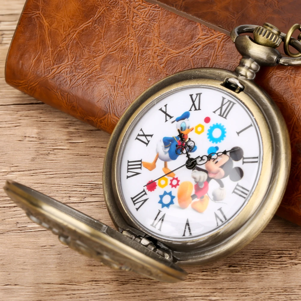 Bronze Hollow Anime Clock Comic Cartoon Quartz Pocket Watch Pendant FOB Antique Clock with 80cm Necklace/30cm Waist Hook Chain