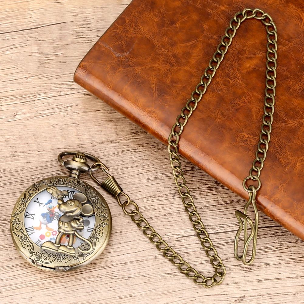 Bronze Hollow Anime Clock Comic Cartoon Quartz Pocket Watch Pendant FOB Antique Clock with 80cm Necklace/30cm Waist Hook Chain