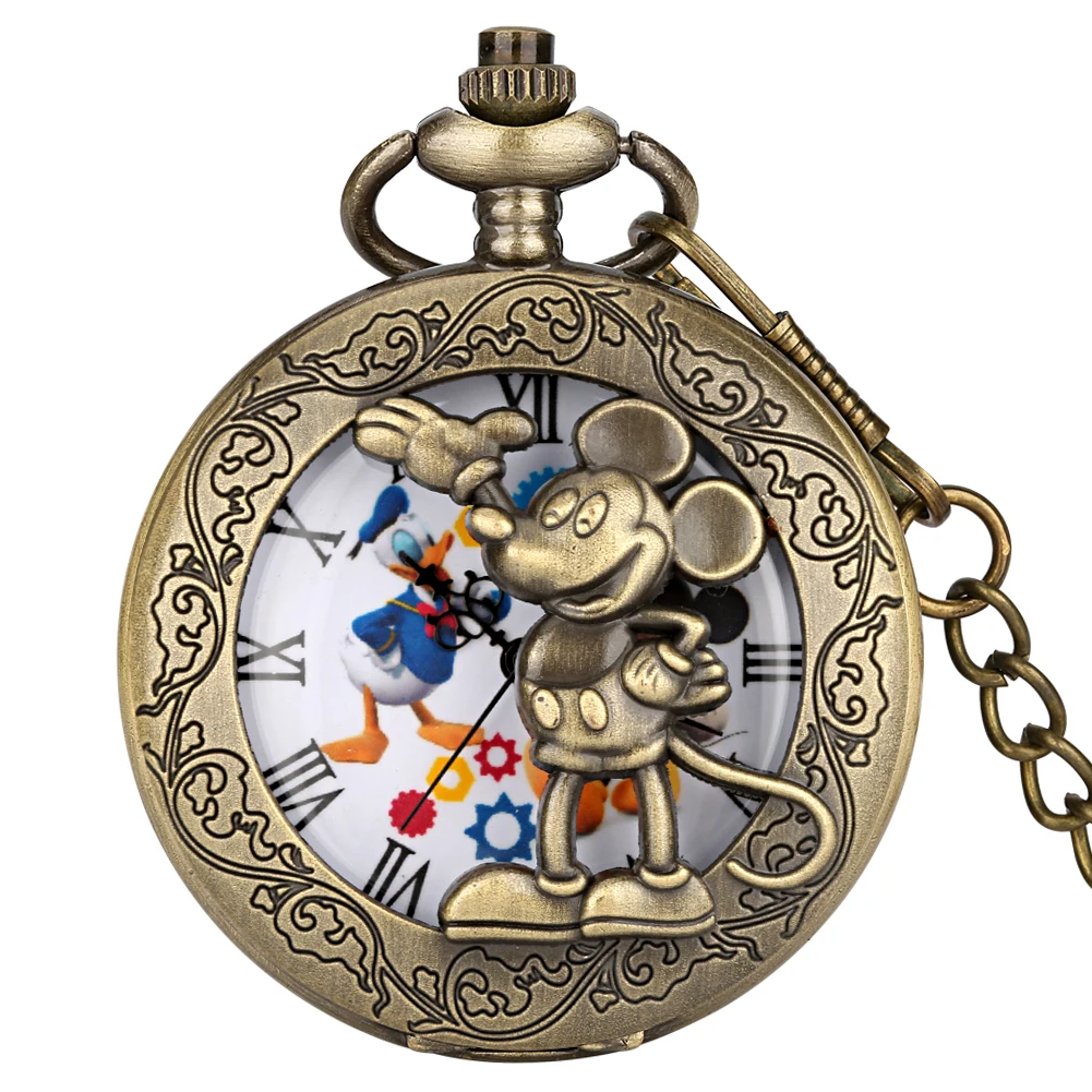 Bronze Hollow Anime Clock Comic Cartoon Quartz Pocket Watch Pendant FOB Antique Clock with 80cm Necklace/30cm Waist Hook Chain