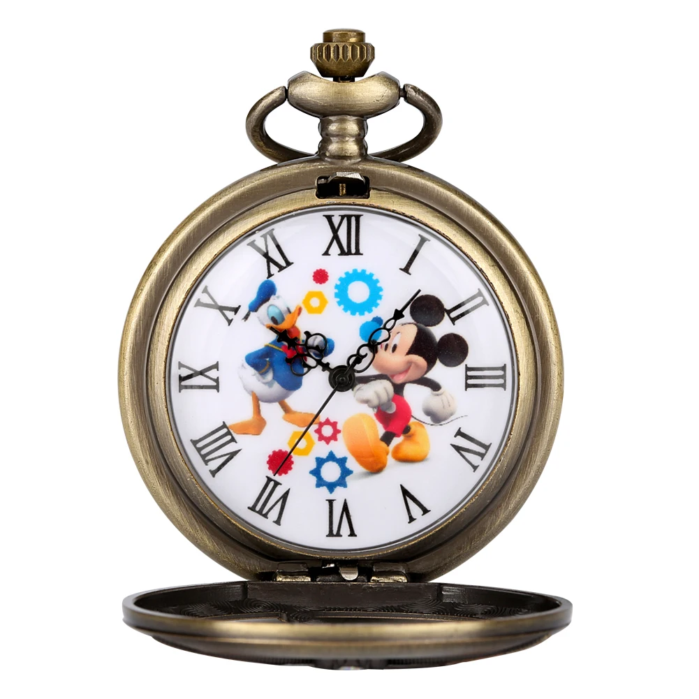Bronze Hollow Anime Clock Comic Cartoon Quartz Pocket Watch Pendant FOB Antique Clock with 80cm Necklace/30cm Waist Hook Chain