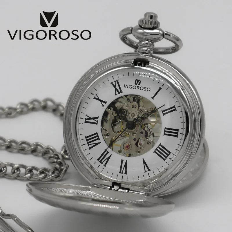 VIGOROSO Silvery Tone Steel Double Hunter Mechanical Pocket Watch Hand-winding Skeleton Silver FOB Chain Clock Gifts Men Ladies