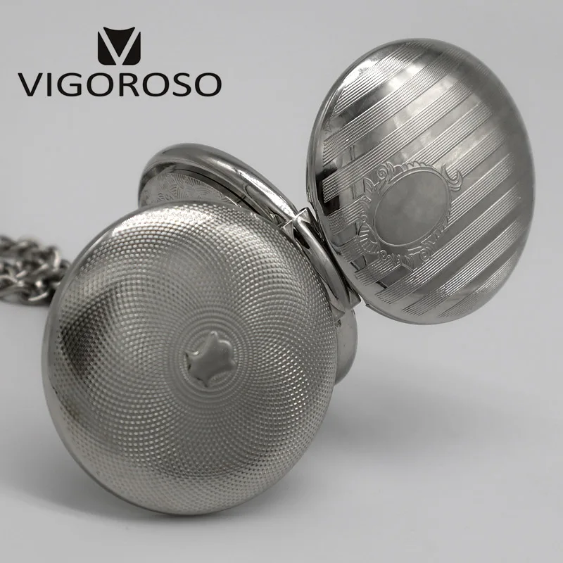 VIGOROSO Silvery Tone Steel Double Hunter Mechanical Pocket Watch Hand-winding Skeleton Silver FOB Chain Clock Gifts Men Ladies