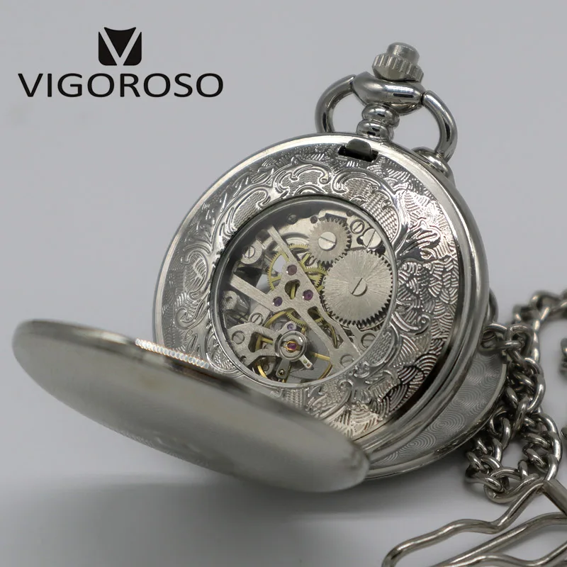 VIGOROSO Silvery Tone Steel Double Hunter Mechanical Pocket Watch Hand-winding Skeleton Silver FOB Chain Clock Gifts Men Ladies