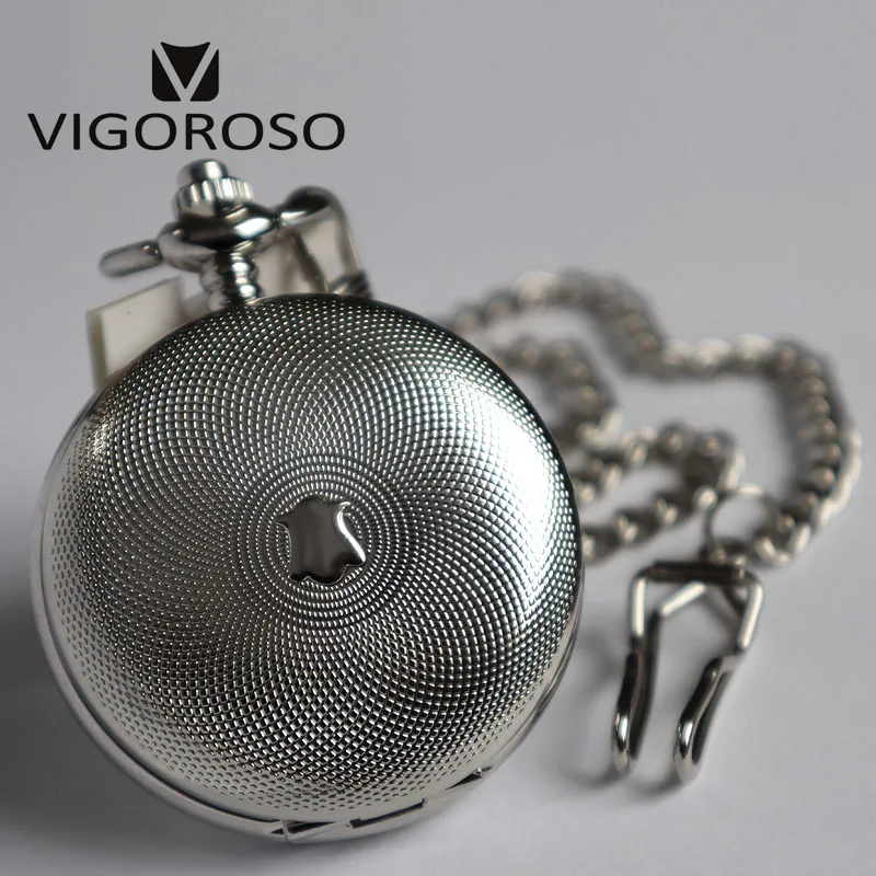 VIGOROSO Silvery Tone Steel Double Hunter Mechanical Pocket Watch Hand-winding Skeleton Silver FOB Chain Clock Gifts Men Ladies