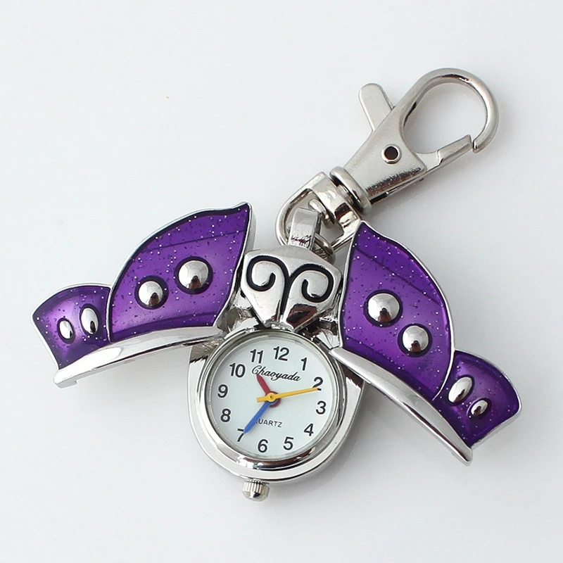 Butterfly Fashion Girl Pocket Pendant Keyring Watch with Chain Key Ring And Gift Bag - Clip-On Watch for Girls