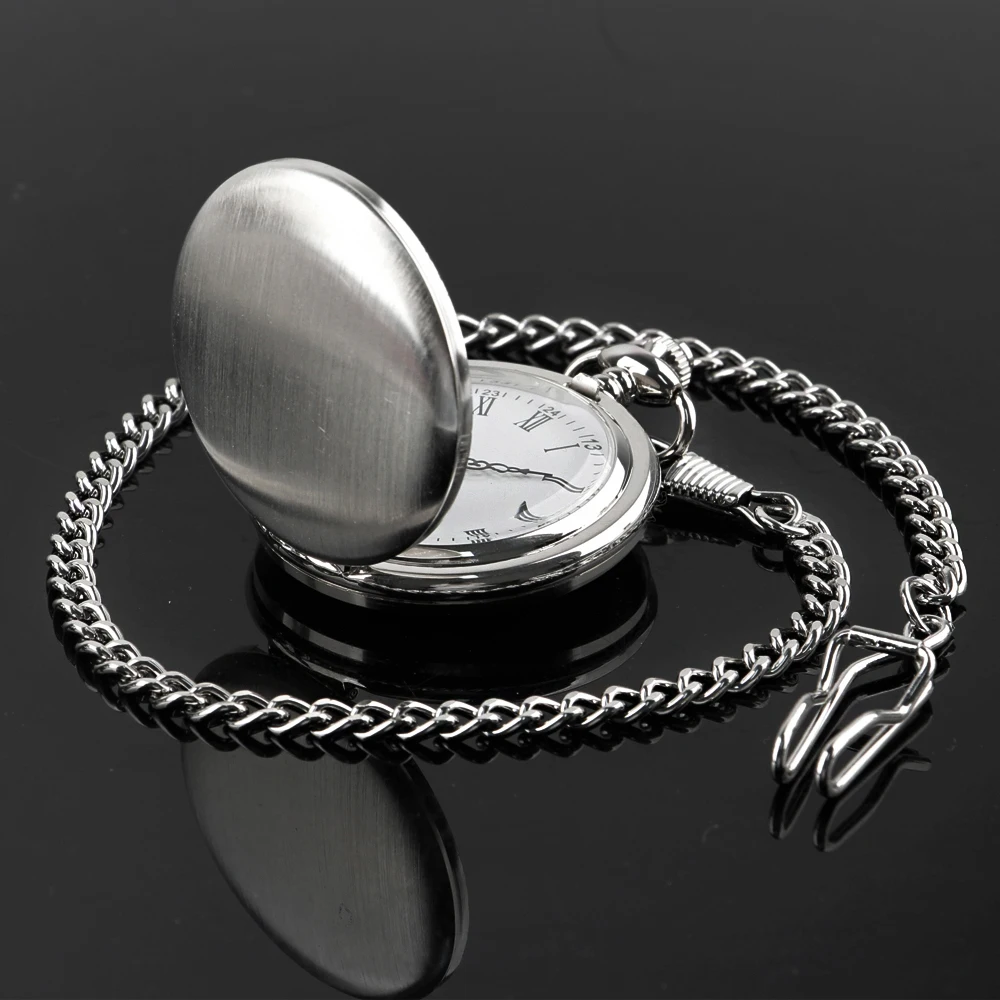 FOB Pocket Watch with Luxury Smooth Silver Pendant, Modern Analog Clock with Roman Numerals,Unisex Chain, Gift