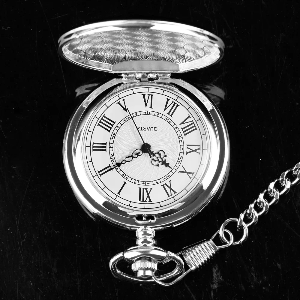 FOB Pocket Watch with Luxury Smooth Silver Pendant, Modern Analog Clock with Roman Numerals,Unisex Chain, Gift