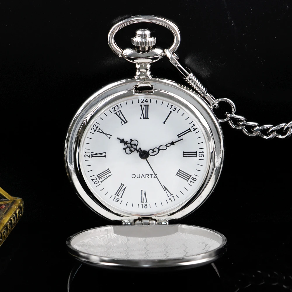 FOB Pocket Watch with Luxury Smooth Silver Pendant, Modern Analog Clock with Roman Numerals,Unisex Chain, Gift