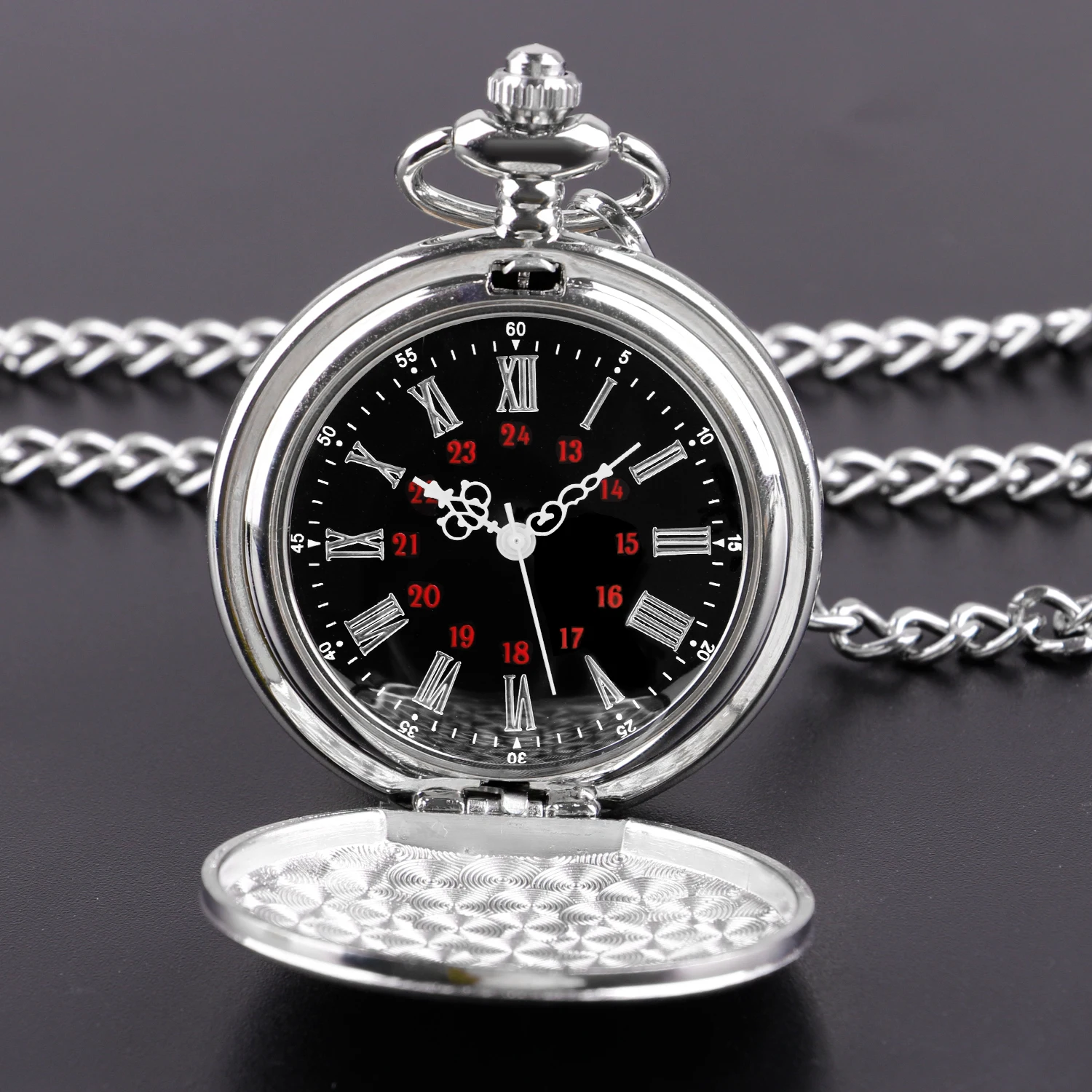 FOB Pocket Watch with Luxury Smooth Silver Pendant, Modern Analog Clock with Roman Numerals,Unisex Chain, Gift
