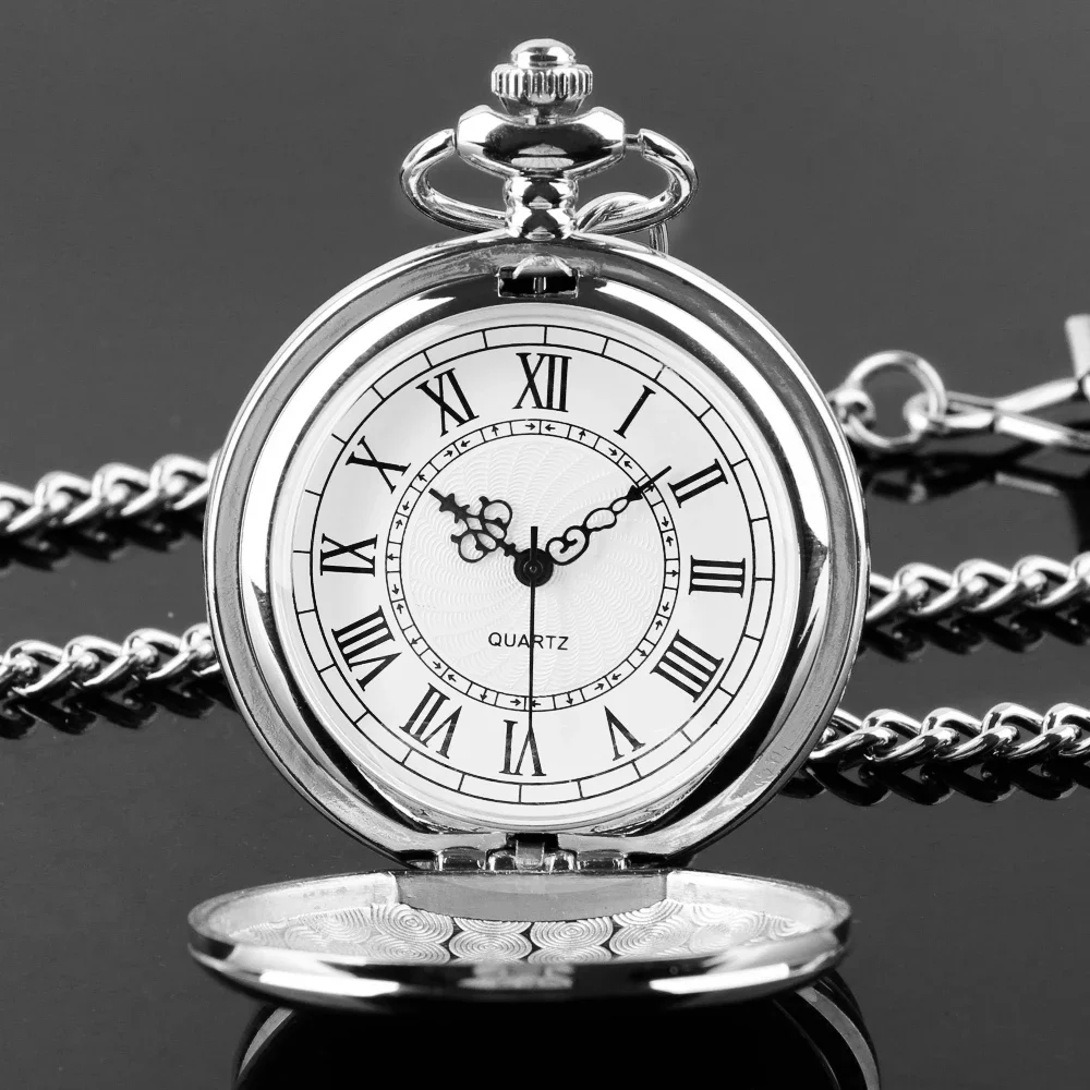 FOB Pocket Watch with Luxury Smooth Silver Pendant, Modern Analog Clock with Roman Numerals,Unisex Chain, Gift