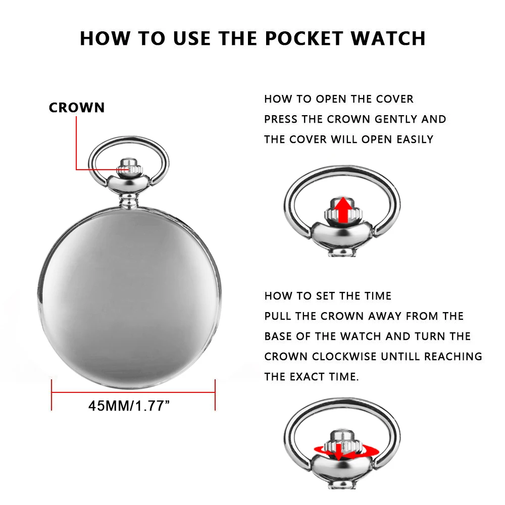 FOB Pocket Watch with Luxury Smooth Silver Pendant, Modern Analog Clock with Roman Numerals,Unisex Chain, Gift