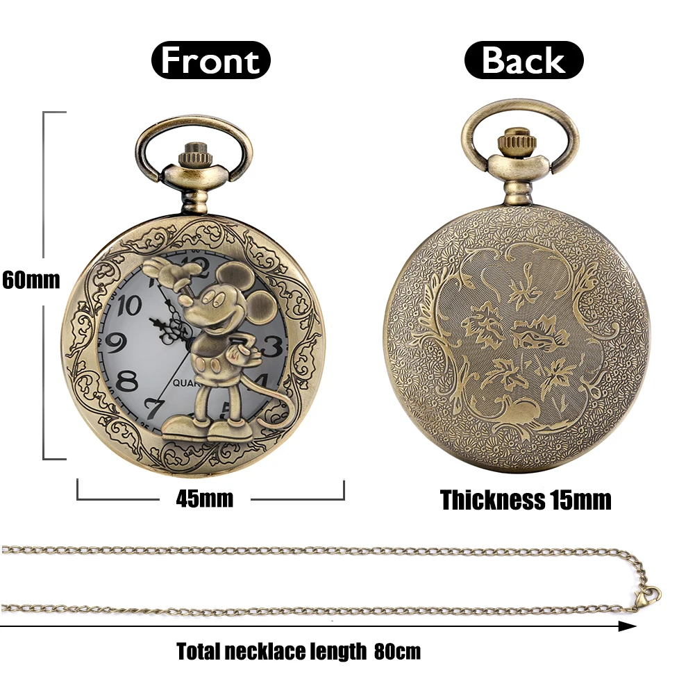 Old Fashioned Comic Cartoon Bronze Mouse Pattern Quartz Pocket Watch Necklace Pendant FOB Antique Clock with 80cm/30cm Chain