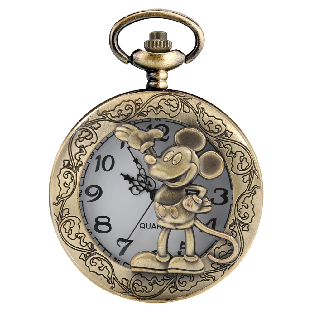 Old Fashioned Comic Cartoon Bronze Mouse Pattern Quartz Pocket Watch Necklace Pendant FOB Antique Clock with 80cm/30cm Chain