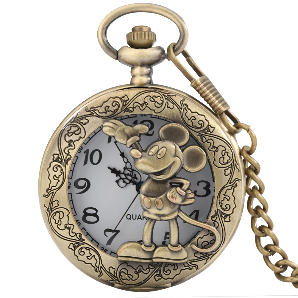 Old Fashioned Comic Cartoon Bronze Mouse Pattern Quartz Pocket Watch Necklace Pendant FOB Antique Clock with 80cm/30cm Chain