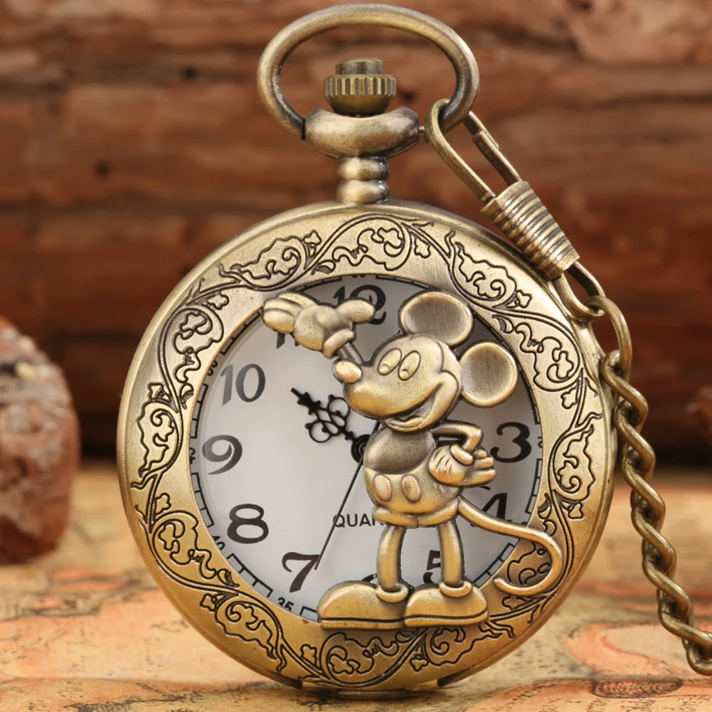 Old Fashioned Comic Cartoon Bronze Mouse Pattern Quartz Pocket Watch Necklace Pendant FOB Antique Clock with 80cm/30cm Chain