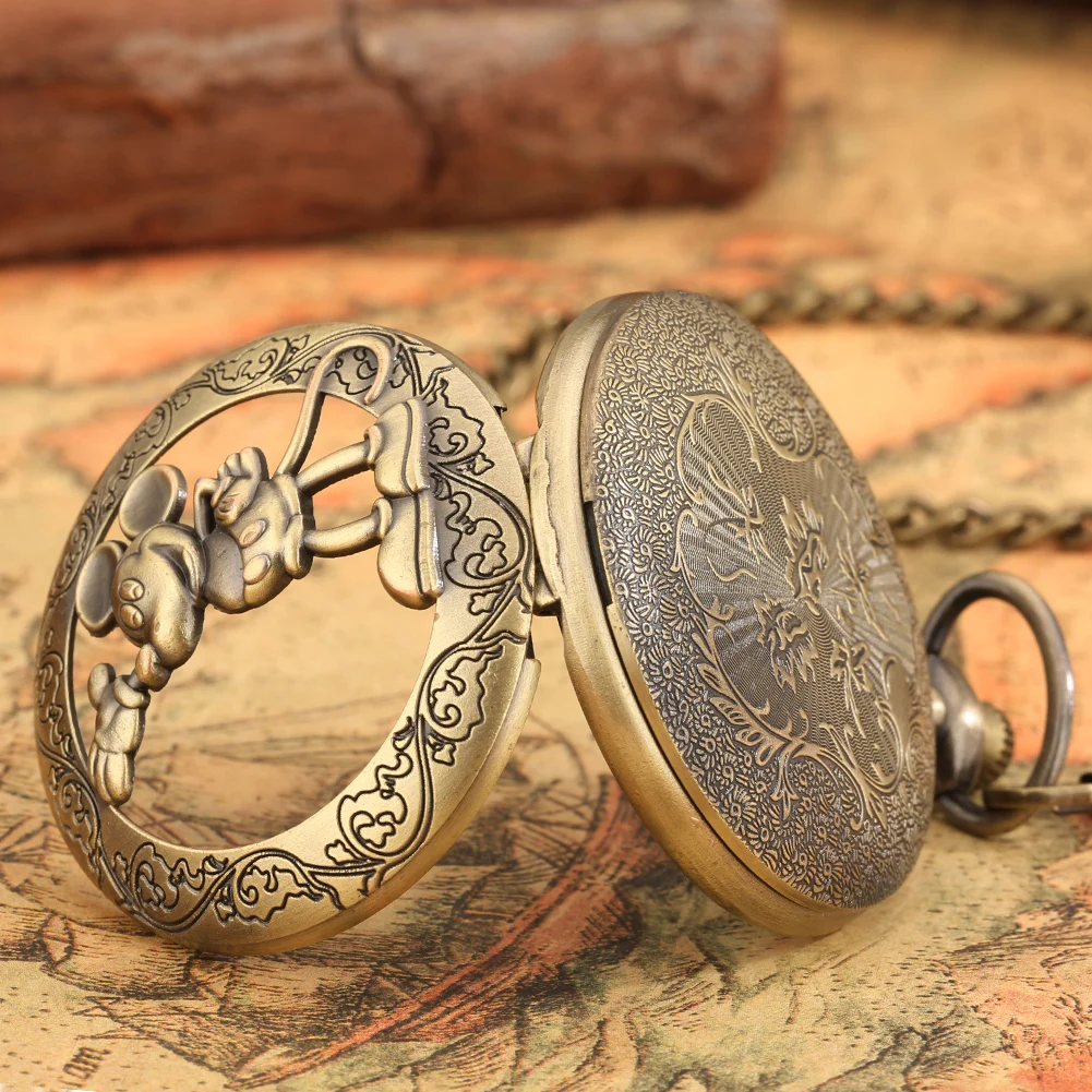 Old Fashioned Comic Cartoon Bronze Mouse Pattern Quartz Pocket Watch Necklace Pendant FOB Antique Clock with 80cm/30cm Chain