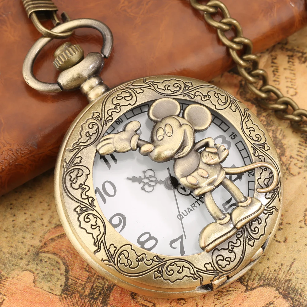 Old Fashioned Comic Cartoon Bronze Mouse Pattern Quartz Pocket Watch Necklace Pendant FOB Antique Clock with 80cm/30cm Chain