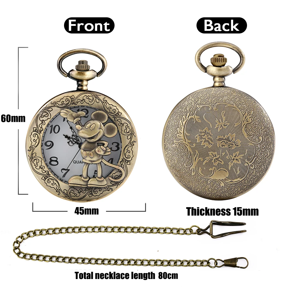 Old Fashioned Comic Cartoon Bronze Mouse Pattern Quartz Pocket Watch Necklace Pendant FOB Antique Clock with 80cm/30cm Chain