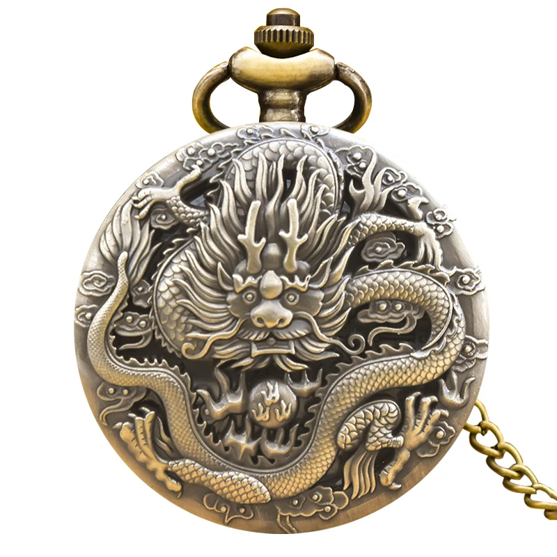 Vintage Bronze Steampunk Oriental Dragon Carved Quartz Pocket Watch Necklace Pendant Clock Chain Men Women Chain Gift