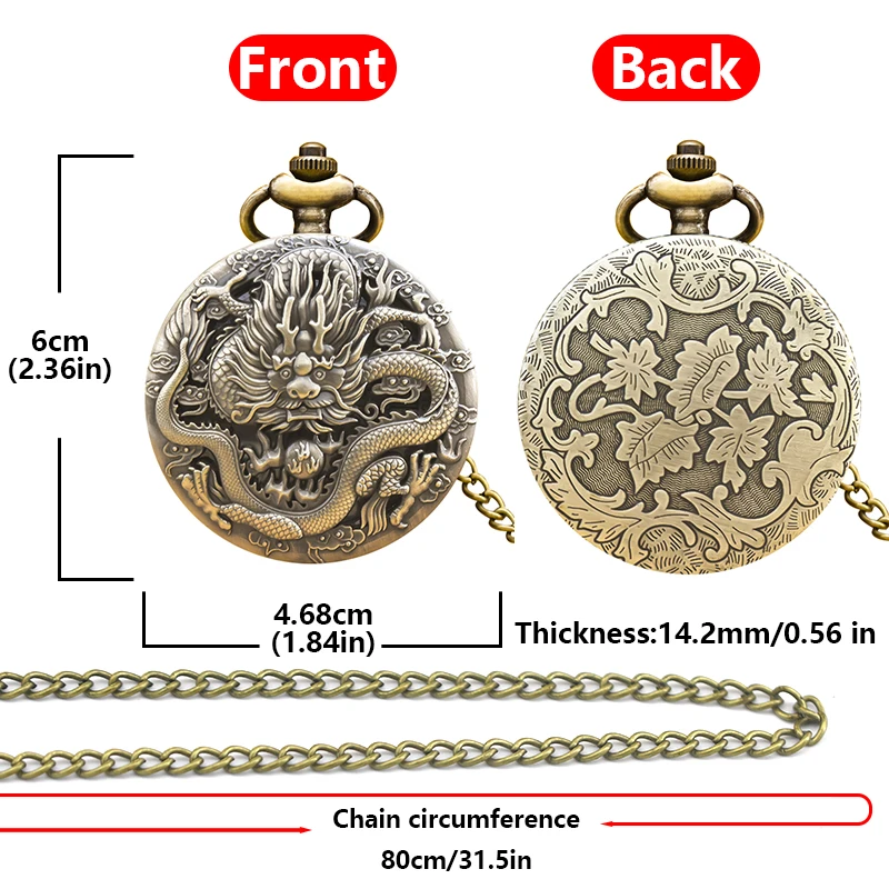 Vintage Bronze Steampunk Oriental Dragon Carved Quartz Pocket Watch Necklace Pendant Clock Chain Men Women Chain Gift