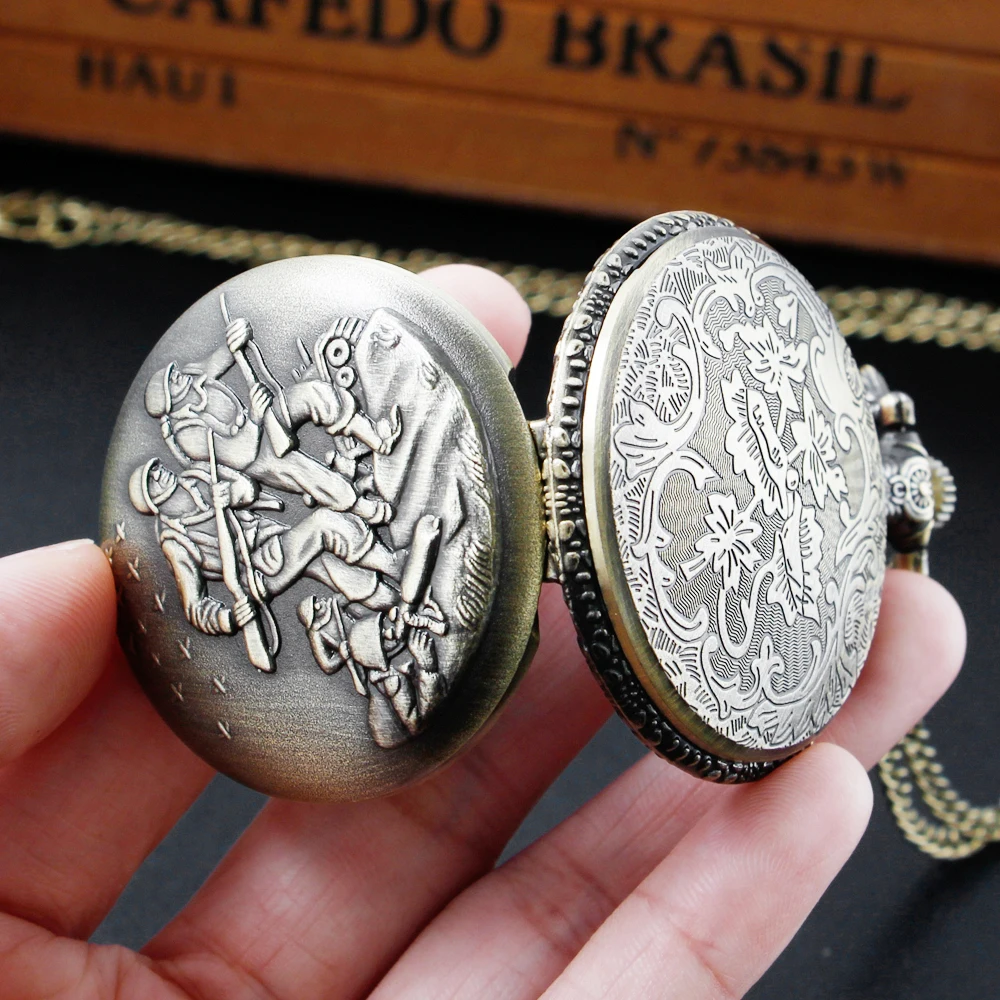 Bronze Soldiers Design Quartz Pocket Watch Sweater Necklace Chain Military Army Pendant Pocket Clock Souvenir Gift For Men