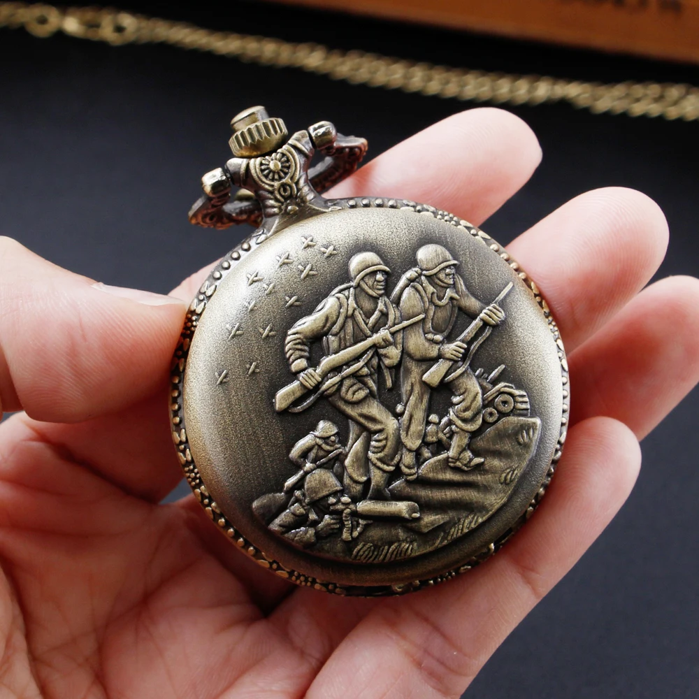 Bronze Soldiers Design Quartz Pocket Watch Sweater Necklace Chain Military Army Pendant Pocket Clock Souvenir Gift For Men