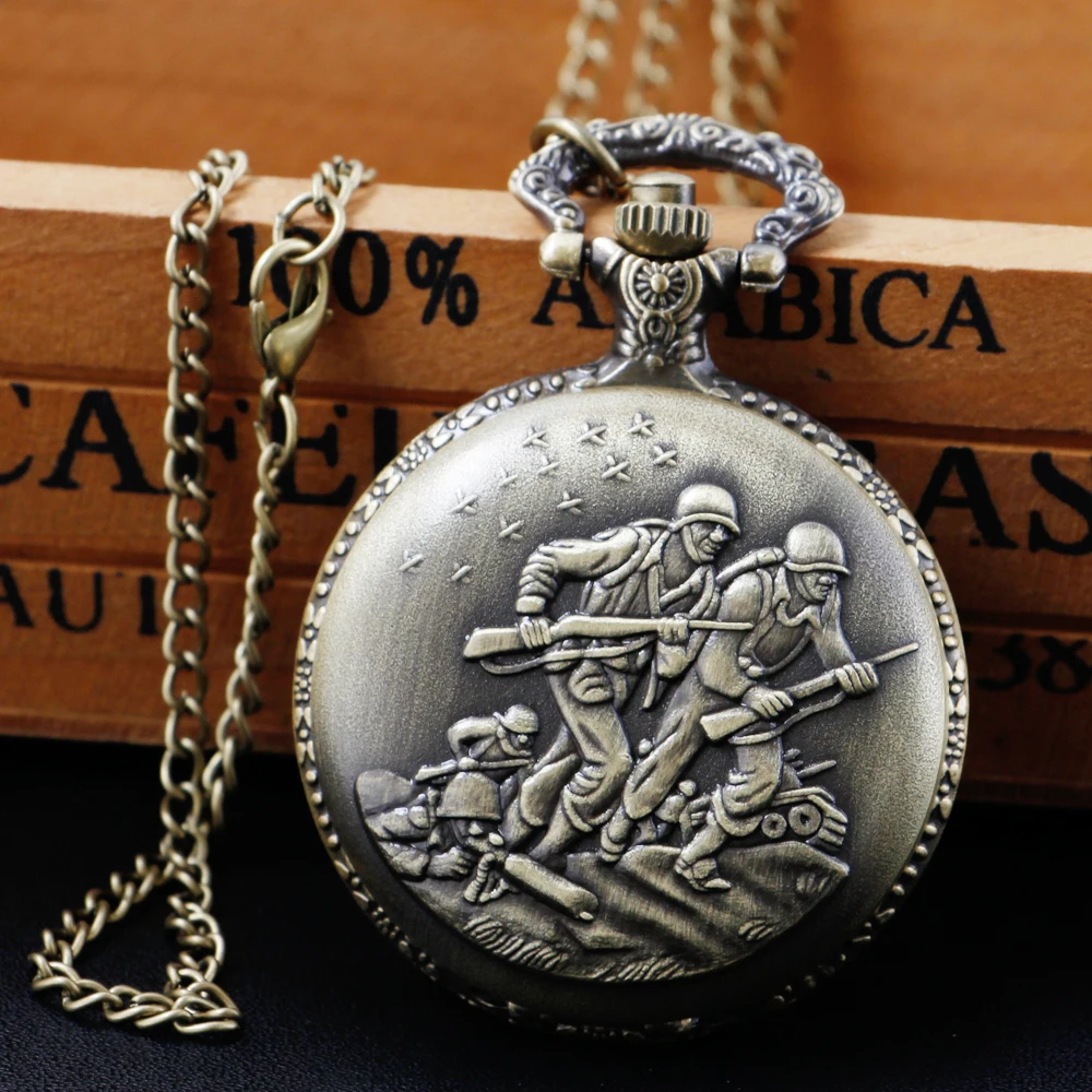 Bronze Soldiers Design Quartz Pocket Watch Sweater Necklace Chain Military Army Pendant Pocket Clock Souvenir Gift For Men