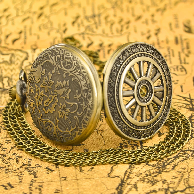 Vintage Bronze Classic Hollowed-Out Carriage Wheel Quartz Pocket Watch Necklace Clamshell Gift For Male And Female Students