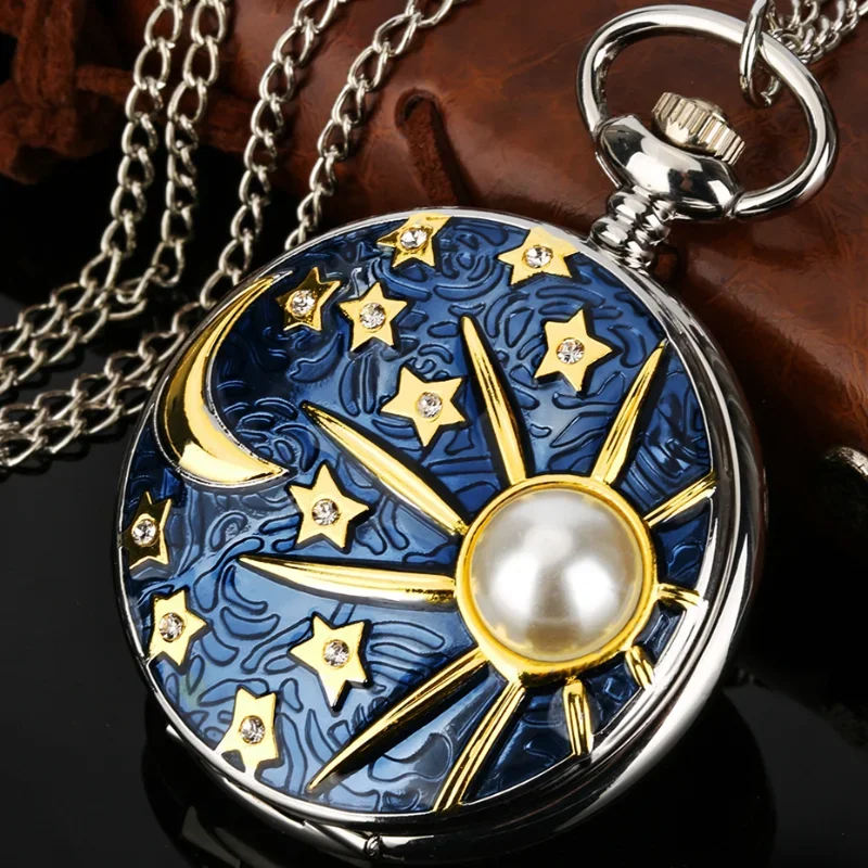 New Relief Sea Blue Star and Moon Quartz Necklace Inlaid with Pearl Silver Pocket Watch Pendant Chain for Male and FemaleStudent