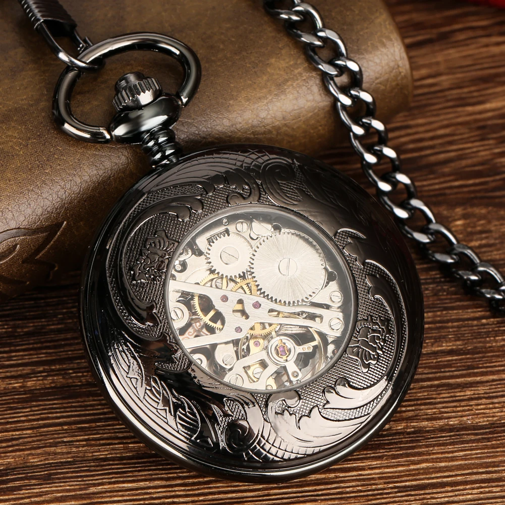 Steampunk Vintage Mechanical Pocket Watch Transparent Hollow Gearwheel Design Men's Hand Winding Pendant Chain Pocket Clock Male
