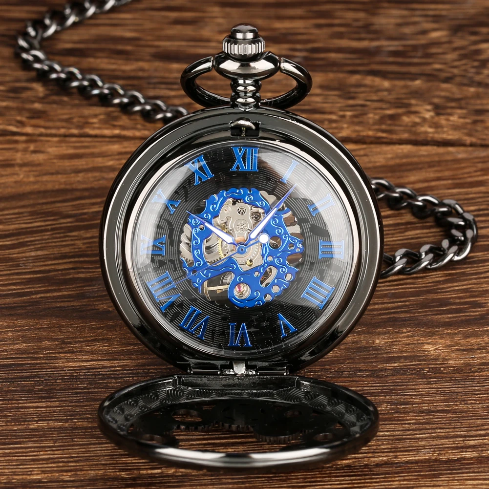 Steampunk Vintage Mechanical Pocket Watch Transparent Hollow Gearwheel Design Men's Hand Winding Pendant Chain Pocket Clock Male